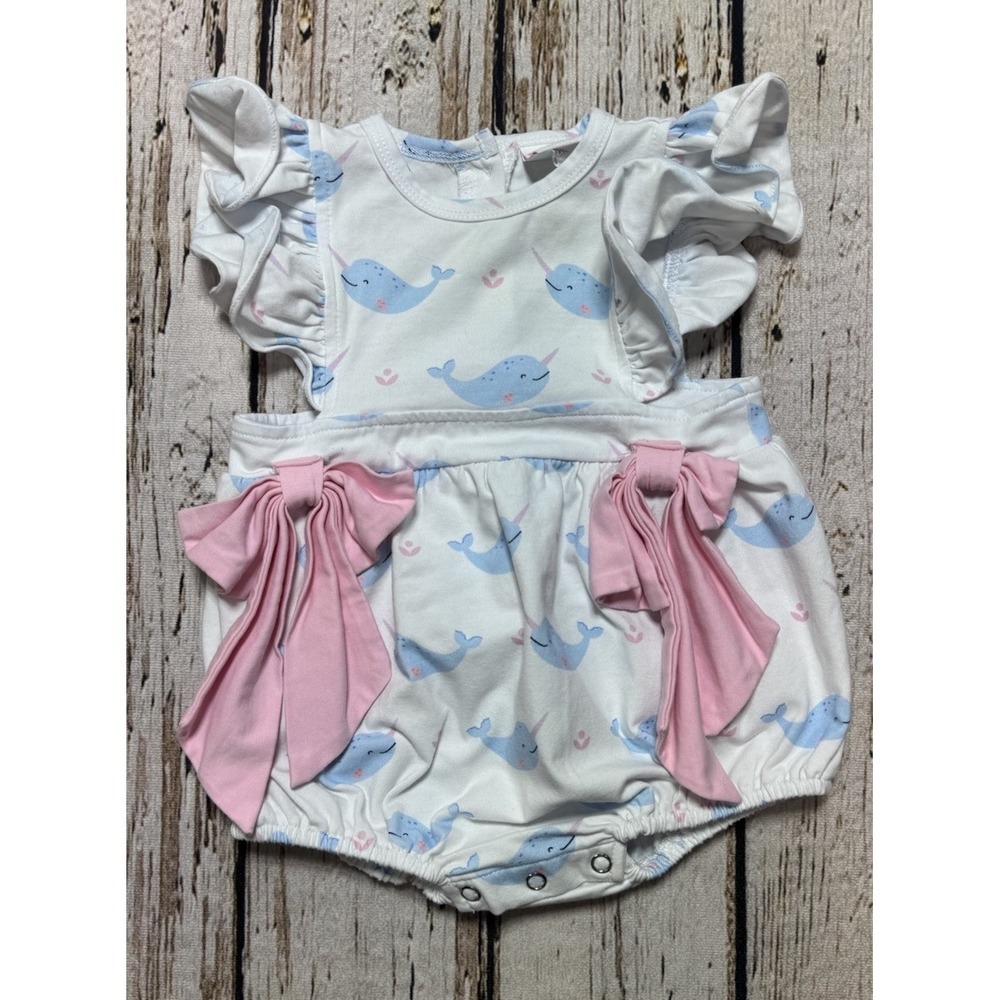 Stitchy Fish Pink Blue White Whale Bow Flutter Sleeve Romper 6‎ Months